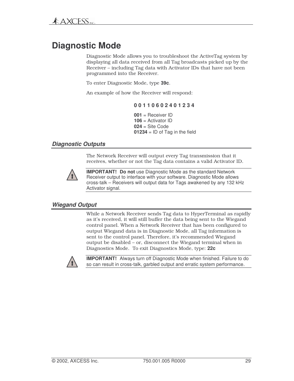 Diagnostic mode | Axcess Network Receiver Installation Guide User Manual | Page 29 / 63