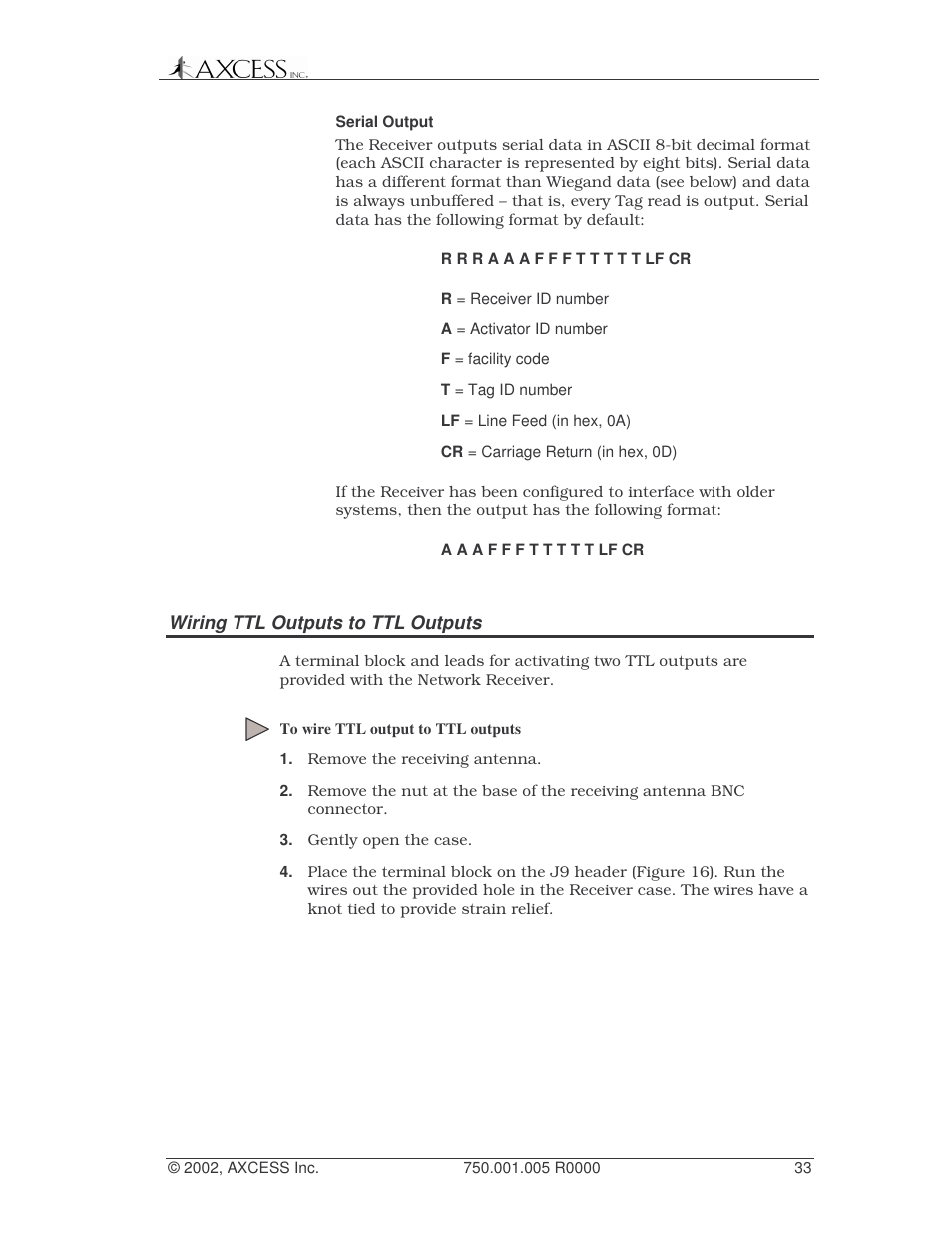Wiring ttl outputs to ttl outputs | Axcess Network Receiver Installation Guide User Manual | Page 33 / 63