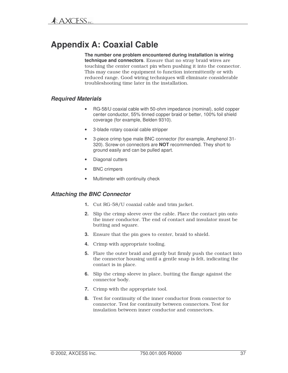 Appendix a: coaxial cable | Axcess Network Receiver Installation Guide User Manual | Page 37 / 63