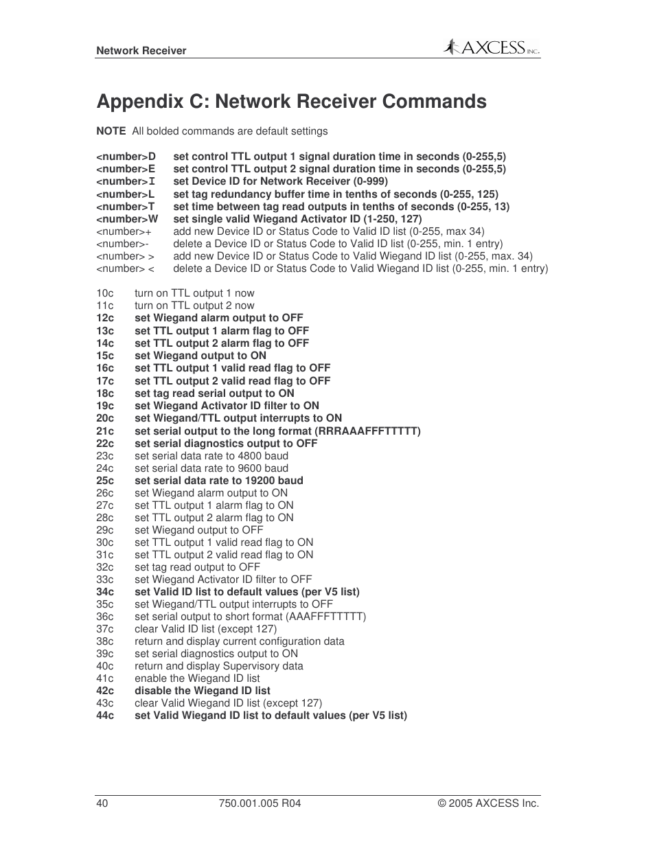 Appendix c: network receiver commands | Axcess Network Receiver Installation Guide User Manual | Page 40 / 63