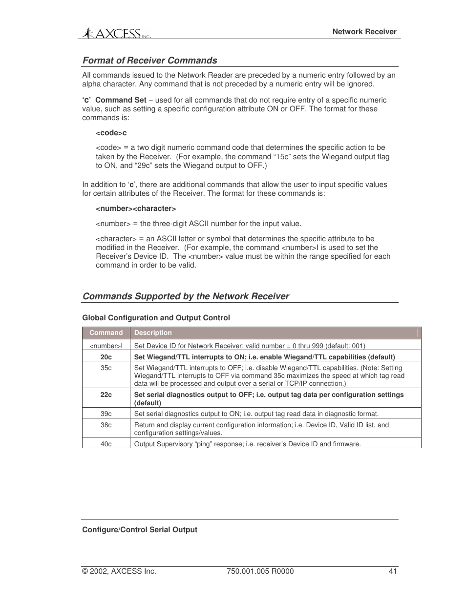 Format of, Receiver commands, Commands supported by the network receiver | Axcess Network Receiver Installation Guide User Manual | Page 41 / 63