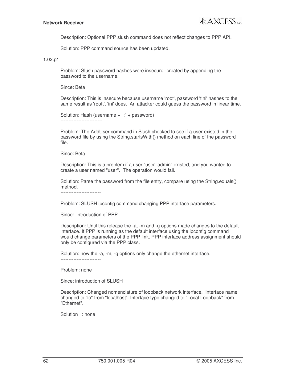 Axcess Network Receiver Installation Guide User Manual | Page 62 / 63