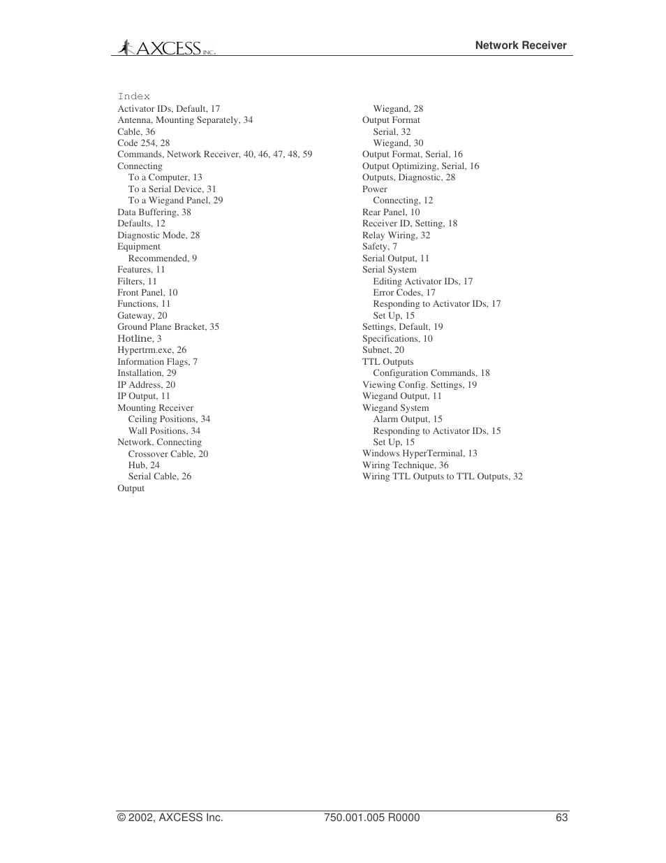 Axcess Network Receiver Installation Guide User Manual | Page 63 / 63