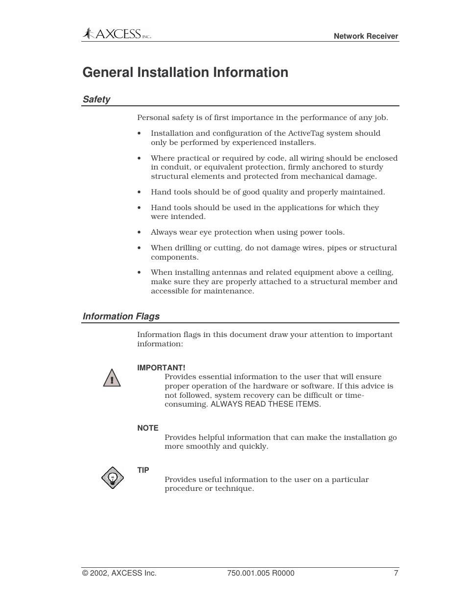 General installation information | Axcess Network Receiver Installation Guide User Manual | Page 7 / 63