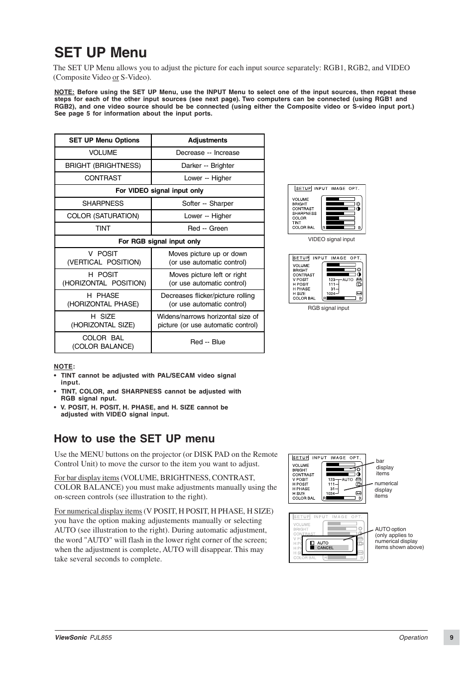 Set up menu, How to use the set up menu | VIEWSONIC PJL855 Office Theater User Manual | Page 10 / 19
