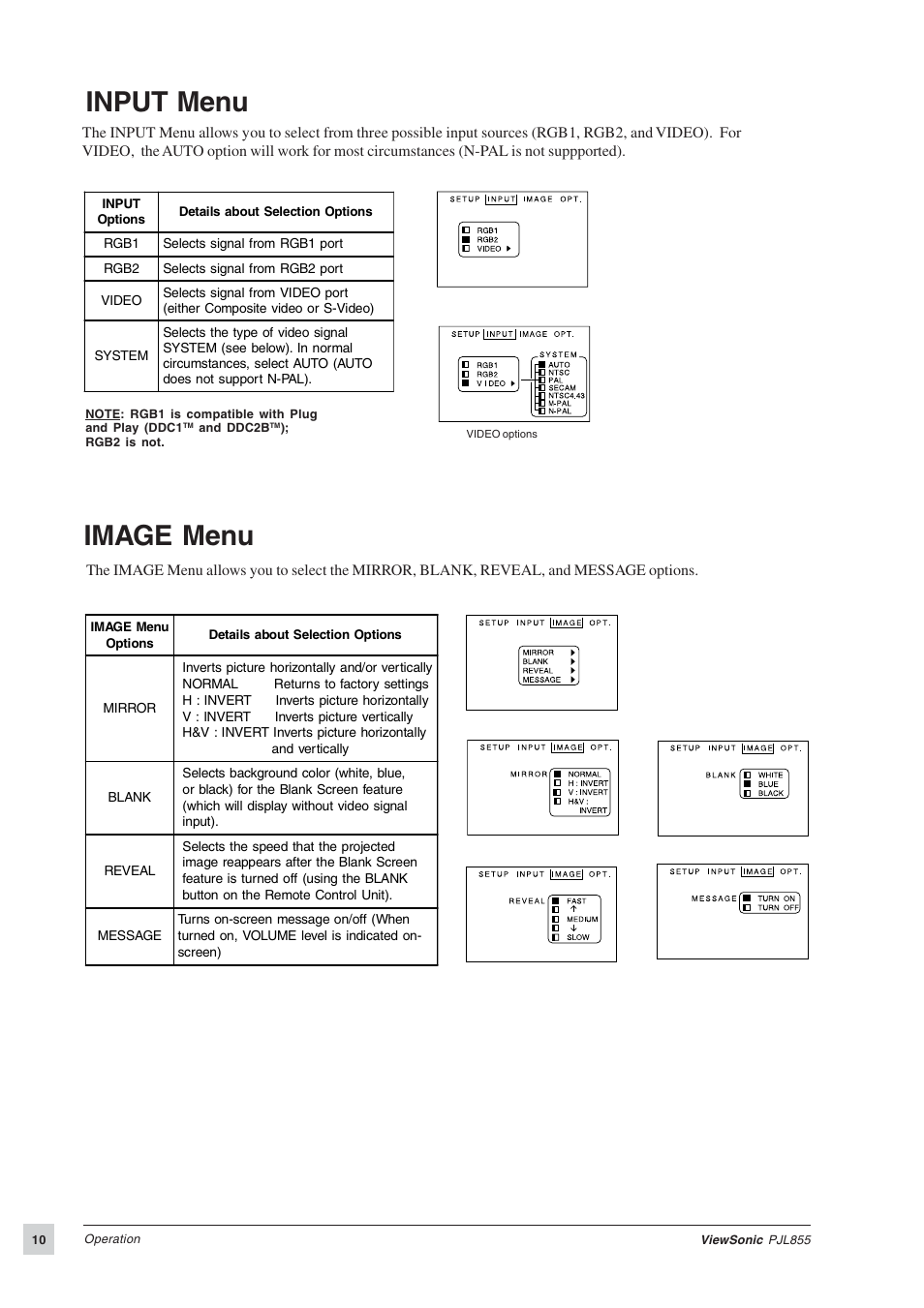 Input menu, Image menu | VIEWSONIC PJL855 Office Theater User Manual | Page 11 / 19