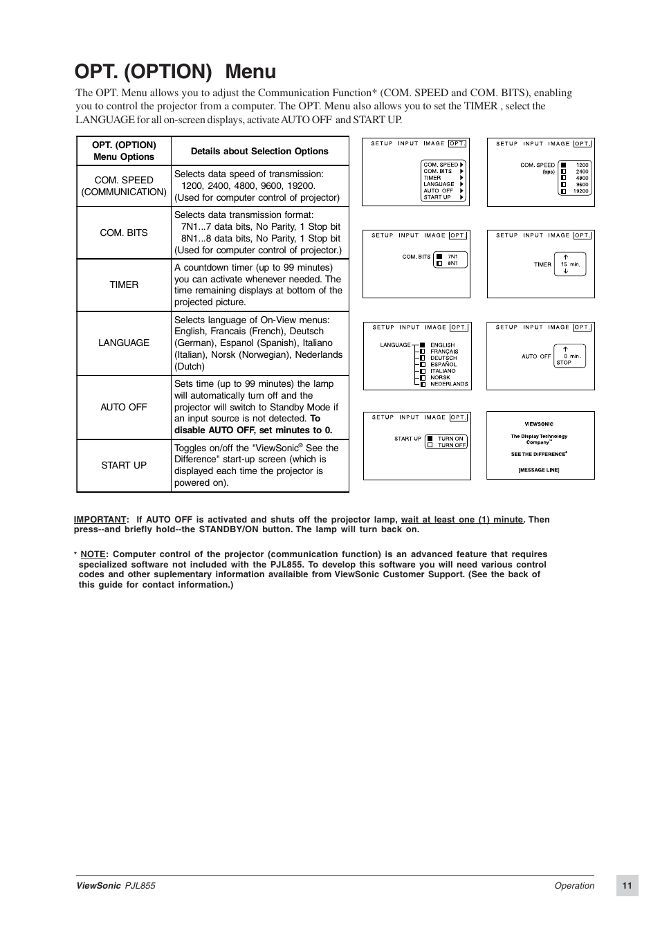 Opt. (option) menu | VIEWSONIC PJL855 Office Theater User Manual | Page 12 / 19
