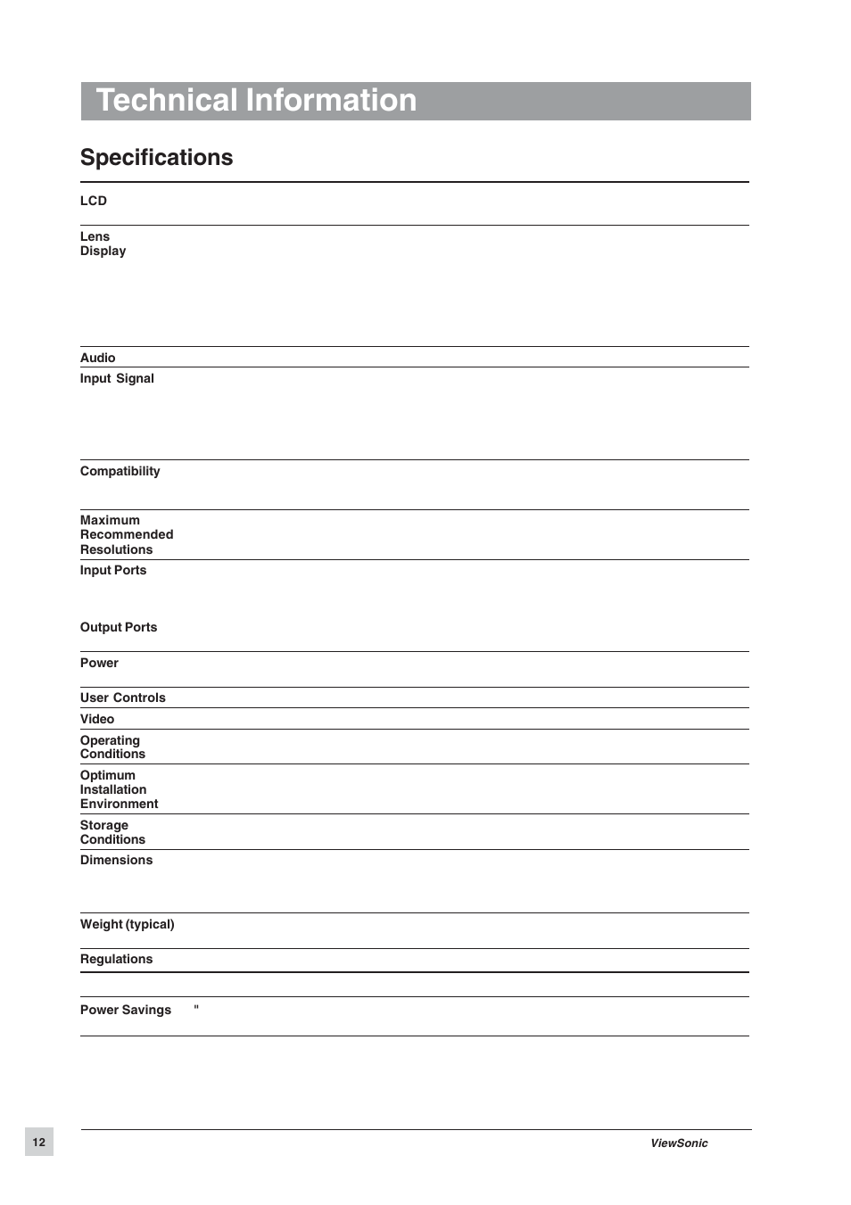Technical information, Specifications | VIEWSONIC PJL855 Office Theater User Manual | Page 13 / 19