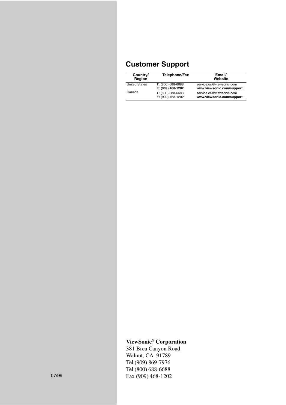 Customer support, Viewsonic | VIEWSONIC PJL855 Office Theater User Manual | Page 19 / 19