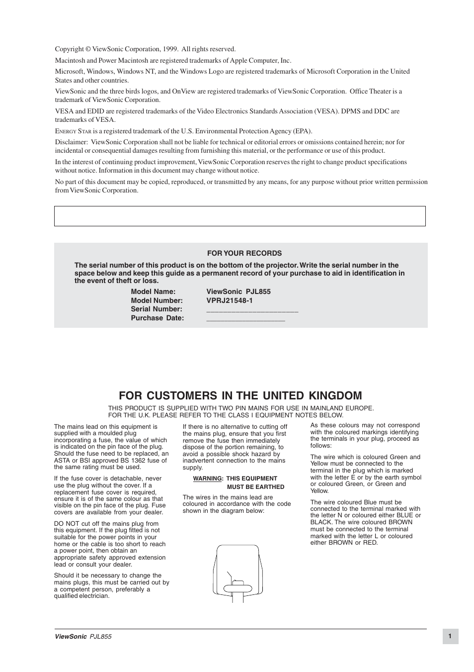 For customers in the united kingdom | VIEWSONIC PJL855 Office Theater User Manual | Page 2 / 19