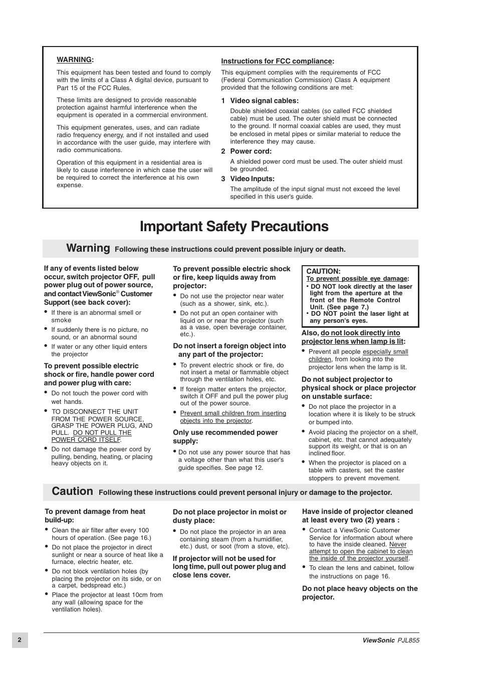 Important safety precautions, Warning, Caution | VIEWSONIC PJL855 Office Theater User Manual | Page 3 / 19