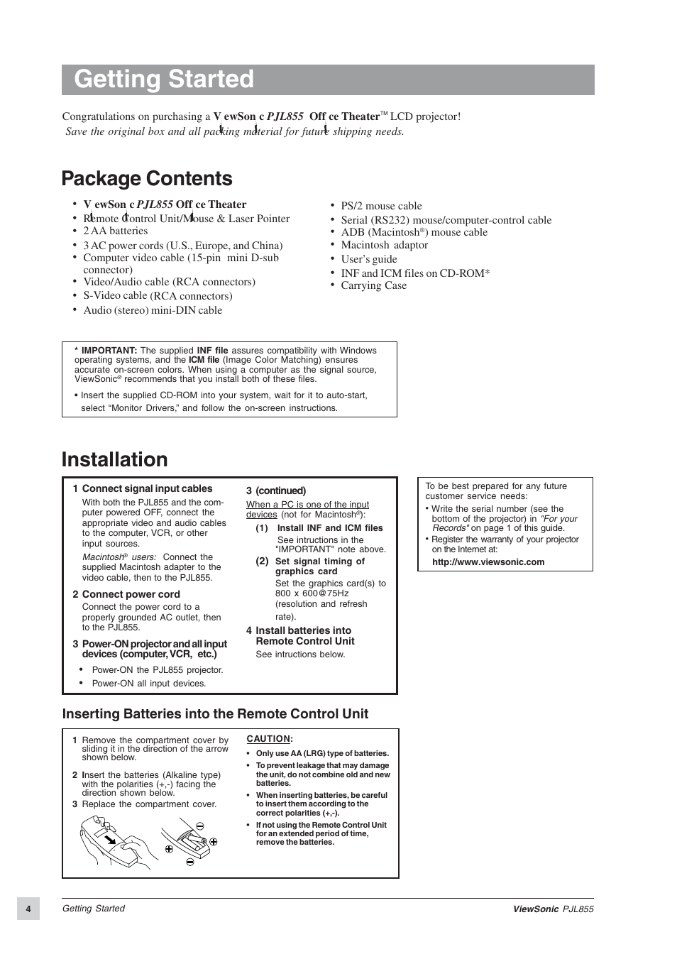 Getting started, Package contents, Installation | Inserting batteries into the remote control unit | VIEWSONIC PJL855 Office Theater User Manual | Page 5 / 19