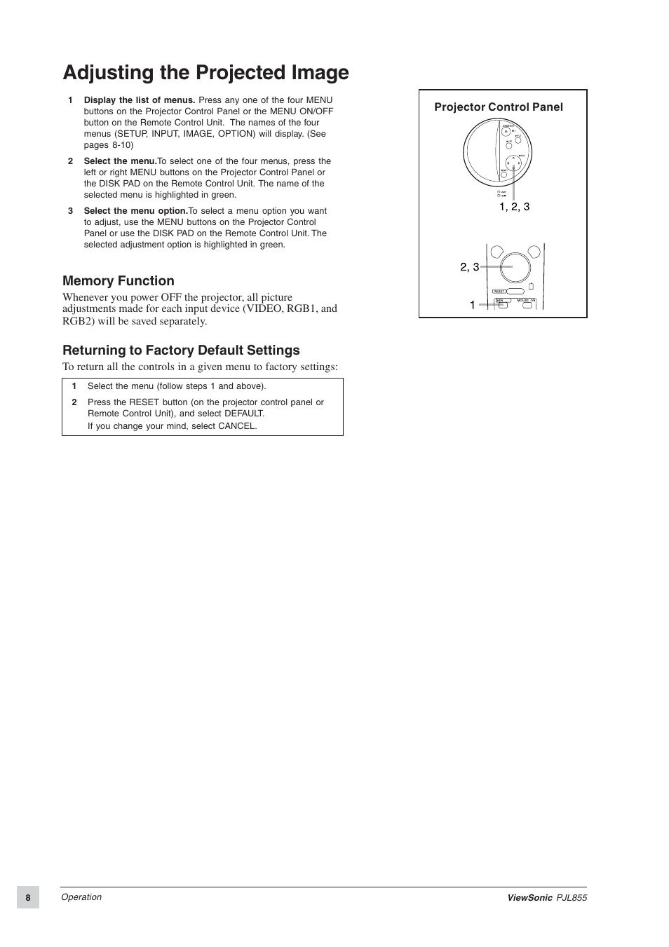 Adjusting the projected image, Returning to factory default settings | VIEWSONIC PJL855 Office Theater User Manual | Page 9 / 19