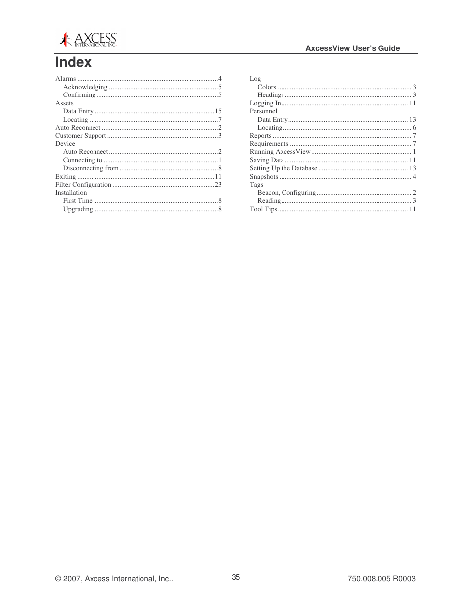 Index | Axcess AxcessView User Guide User Manual | Page 35 / 35