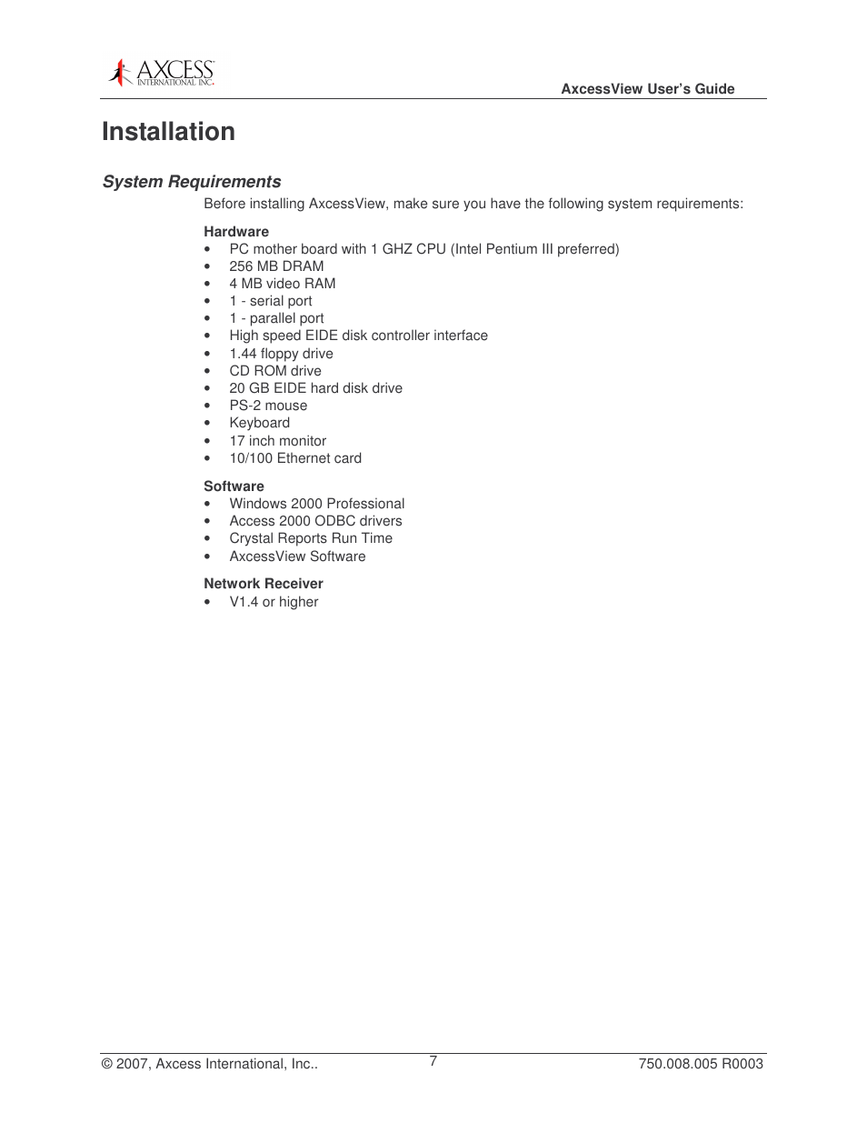 Installation | Axcess AxcessView User Guide User Manual | Page 7 / 35