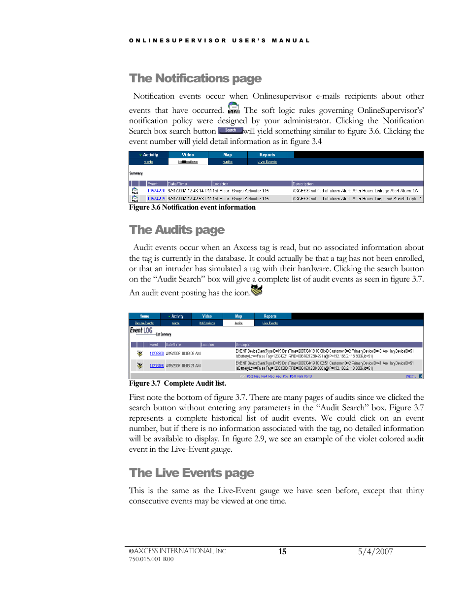 The notifications page, The audits page, The live events page | Axcess e/OLS User Manual User Manual | Page 18 / 28