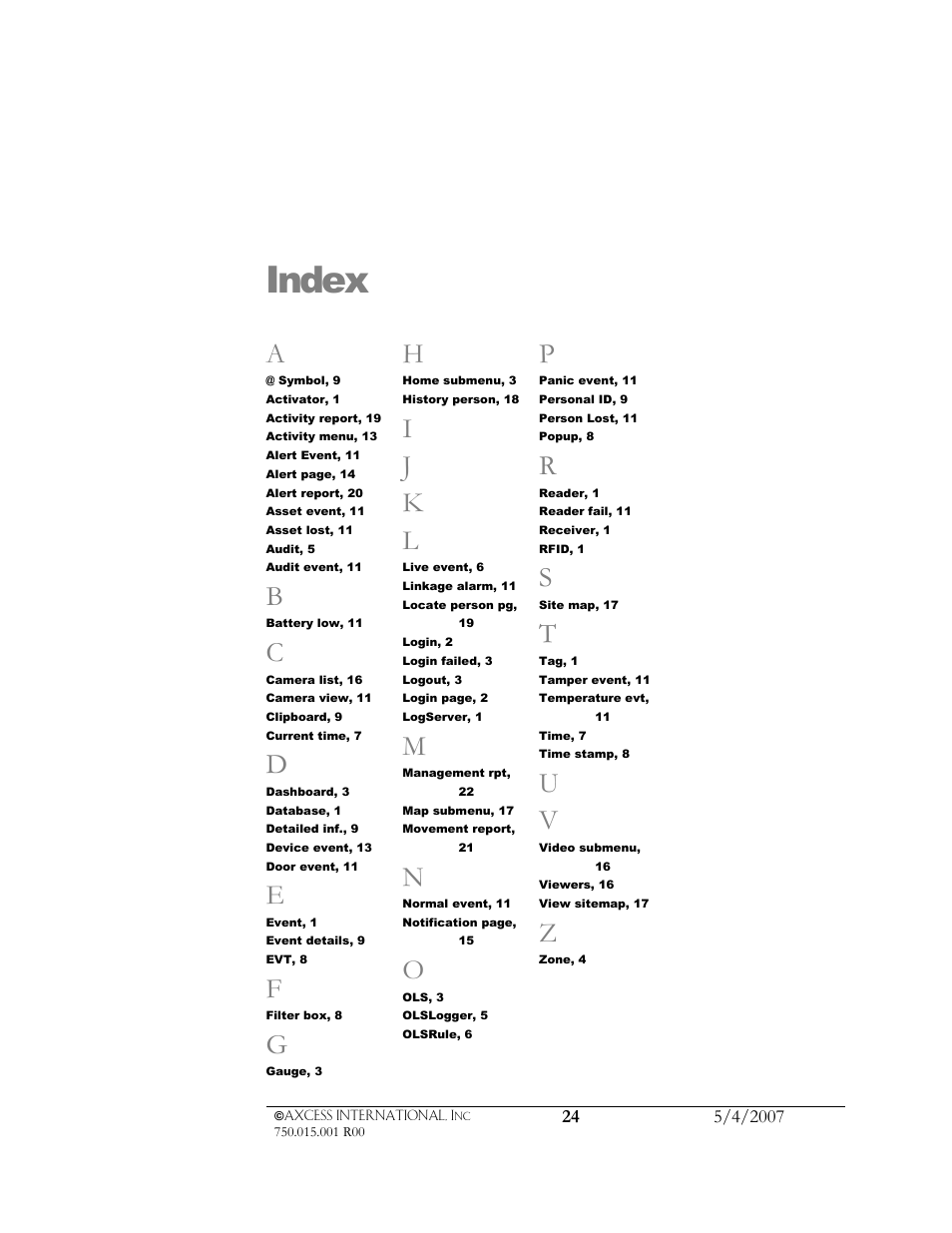 Index, I j k l | Axcess e/OLS User Manual User Manual | Page 27 / 28