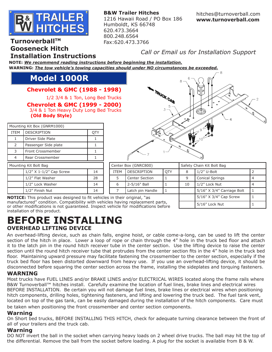 B&W Trailer Hitches 1000R User Manual | 2 pages