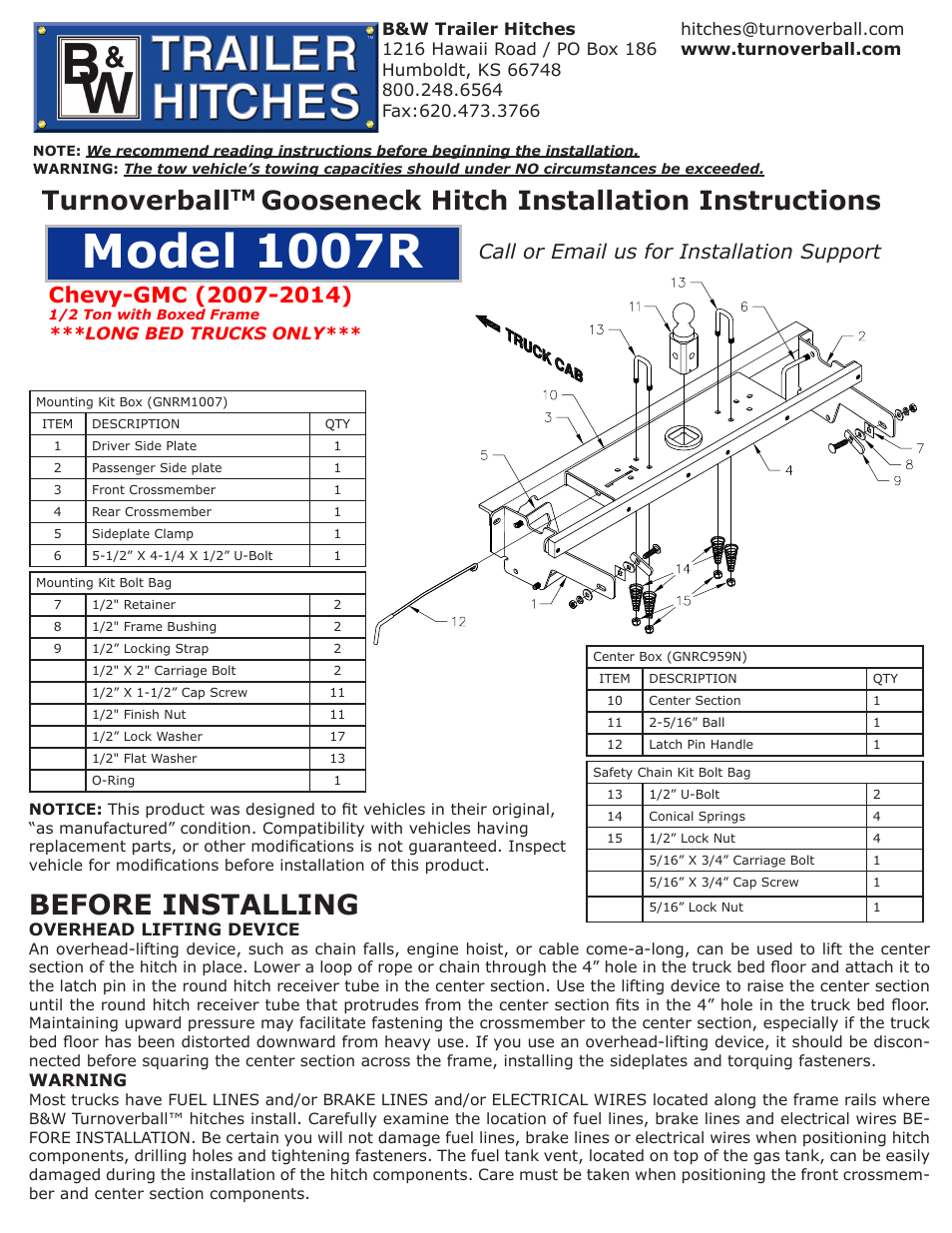 B&W Trailer Hitches 1007R User Manual | 4 pages