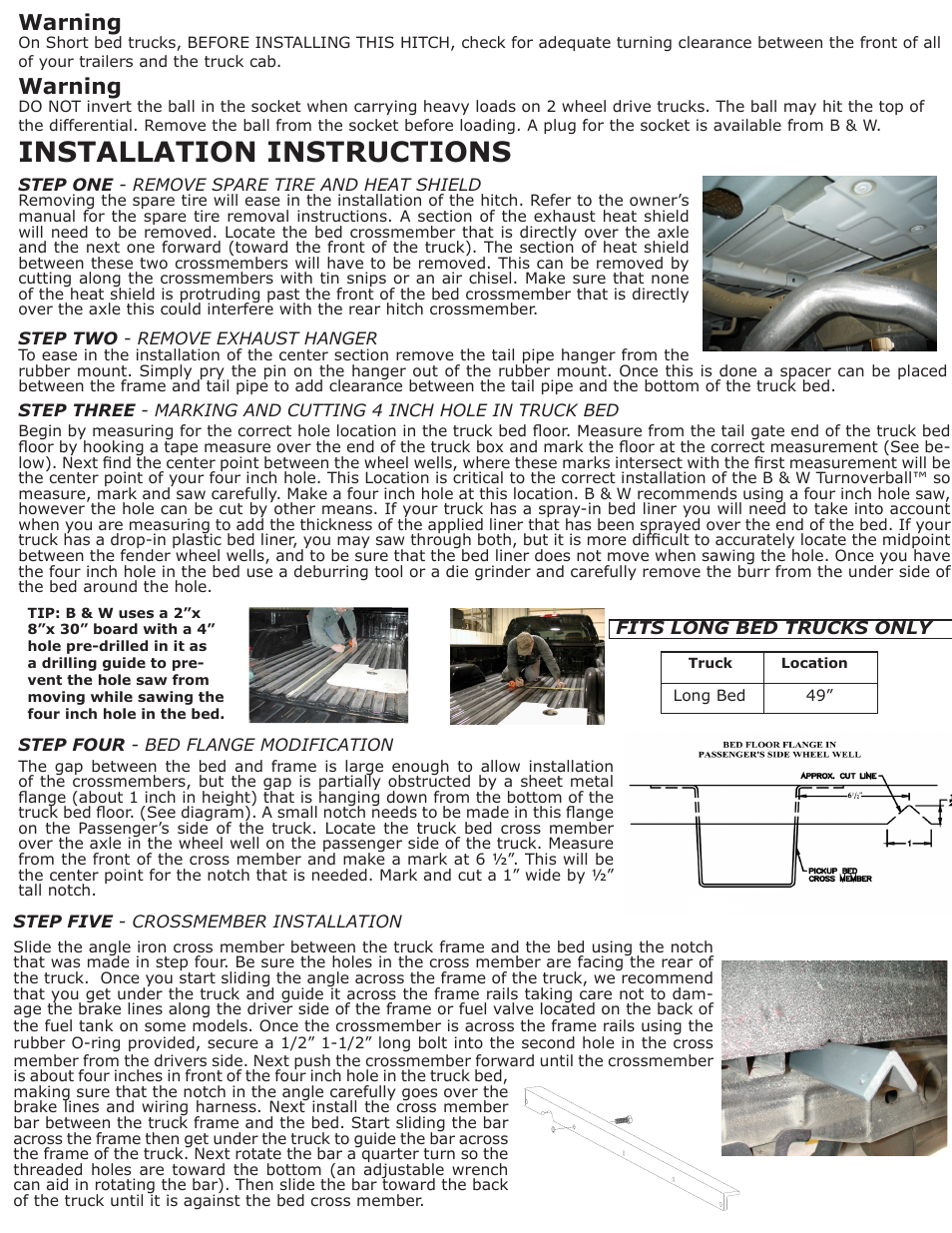 Installation instructions, Warning | B&W Trailer Hitches 1007R User Manual | Page 2 / 4