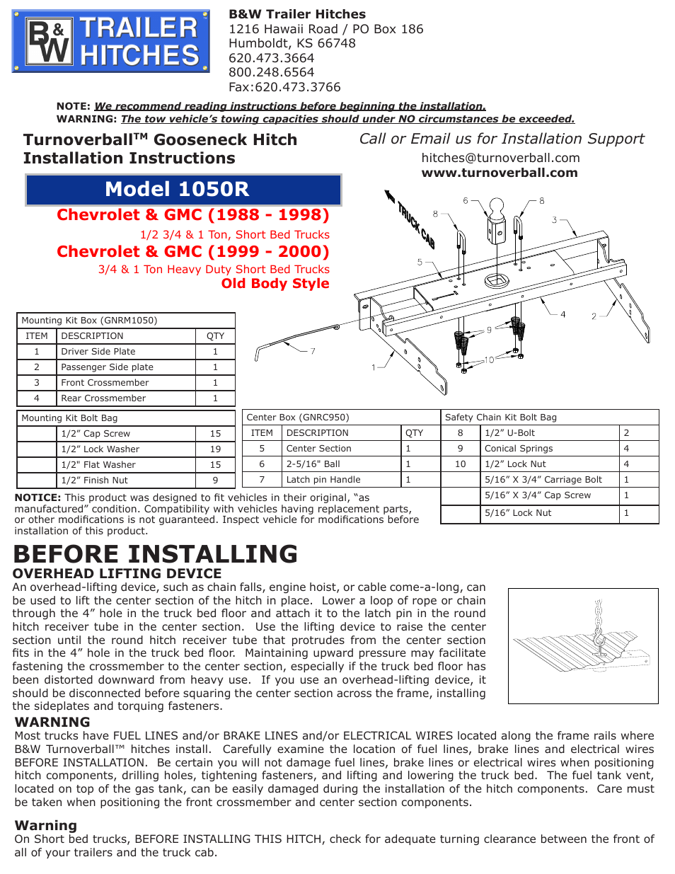 B&W Trailer Hitches 1050R User Manual | 2 pages