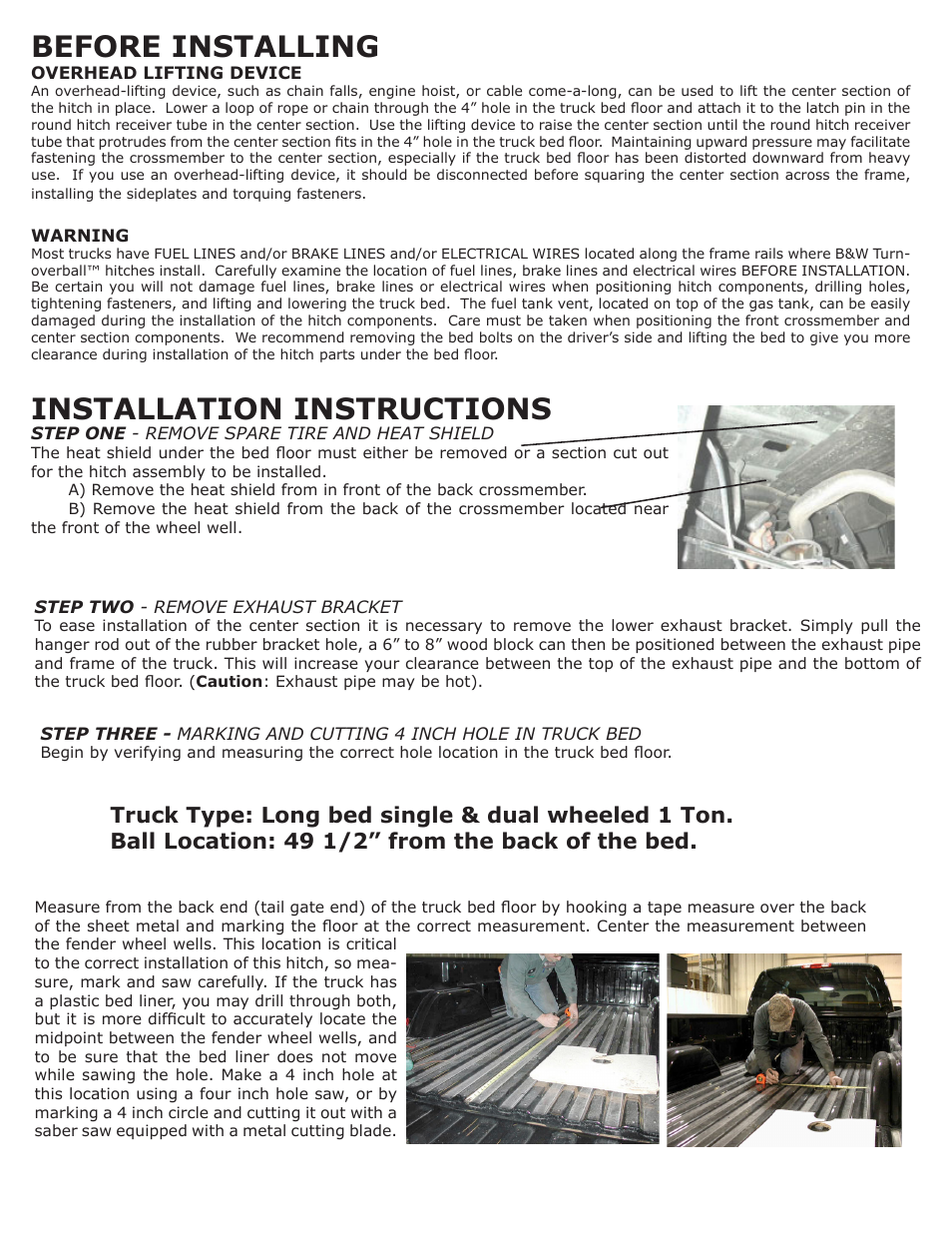 Before installing, Installation instructions | B&W Trailer Hitches 1062R User Manual | Page 2 / 4