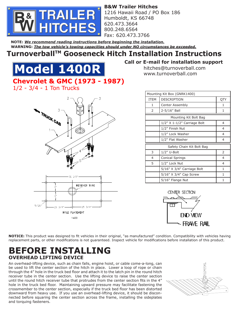 B&W Trailer Hitches 1400R User Manual | 2 pages