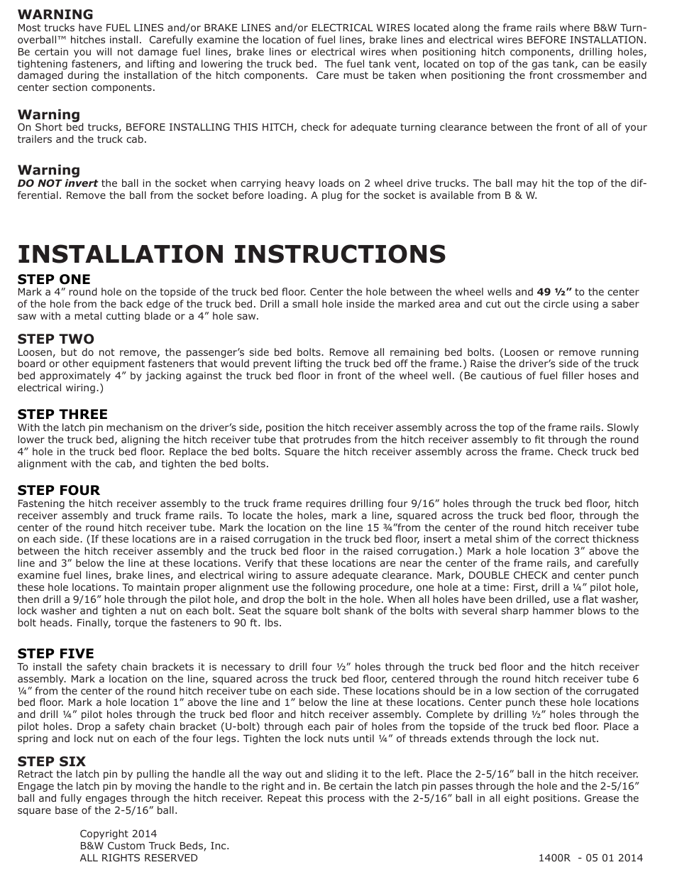 Installation instructions | B&W Trailer Hitches 1400R User Manual | Page 2 / 2