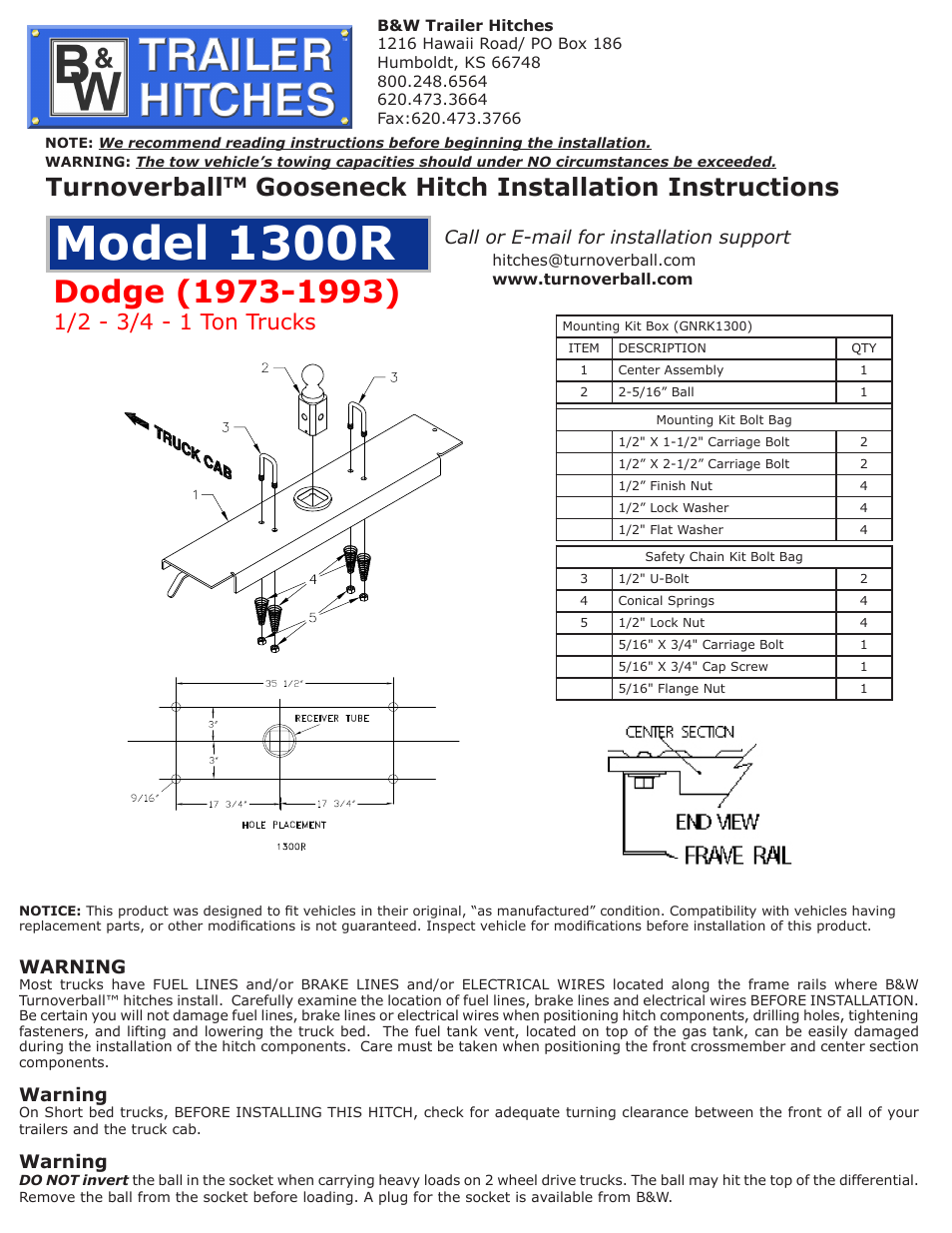 B&W Trailer Hitches 1300R User Manual | 2 pages