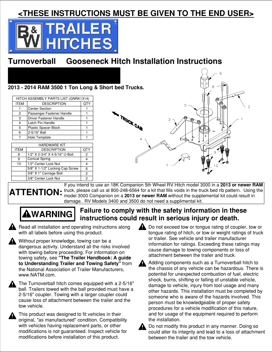 B&W Trailer Hitches 1314 User Manual | 5 pages