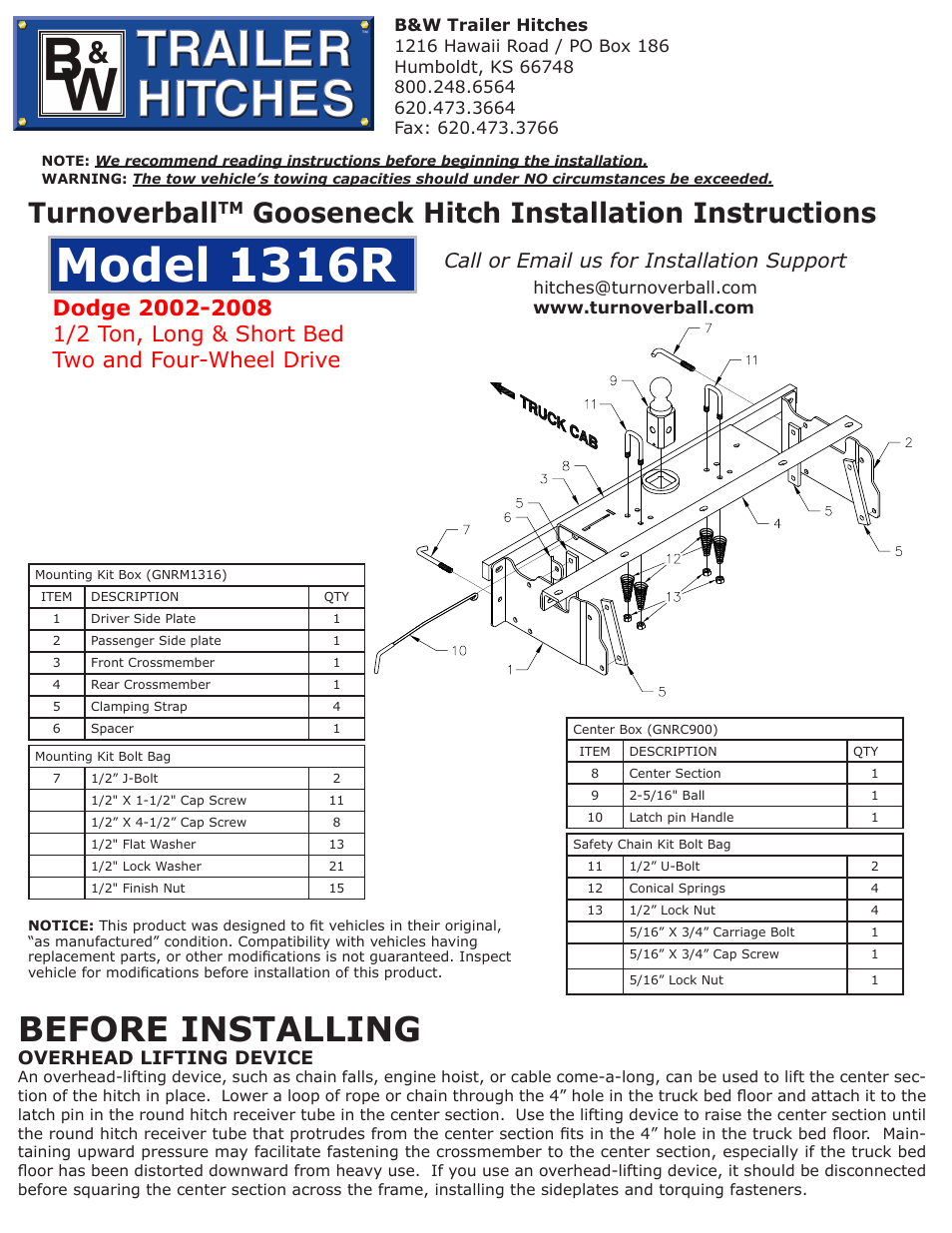 B&W Trailer Hitches 1316R User Manual | 4 pages