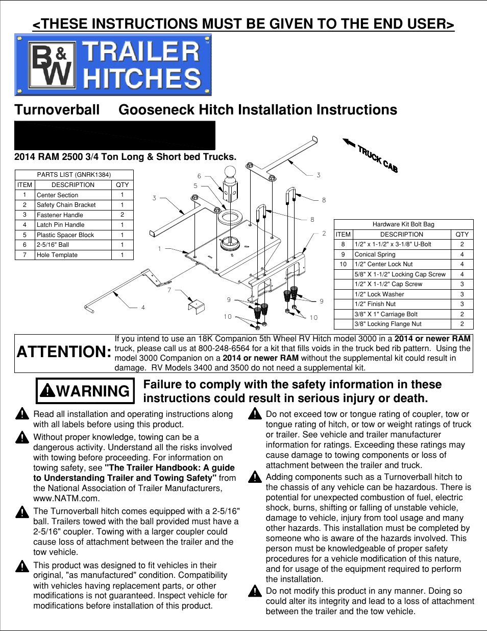 B&W Trailer Hitches 1384 User Manual | 5 pages