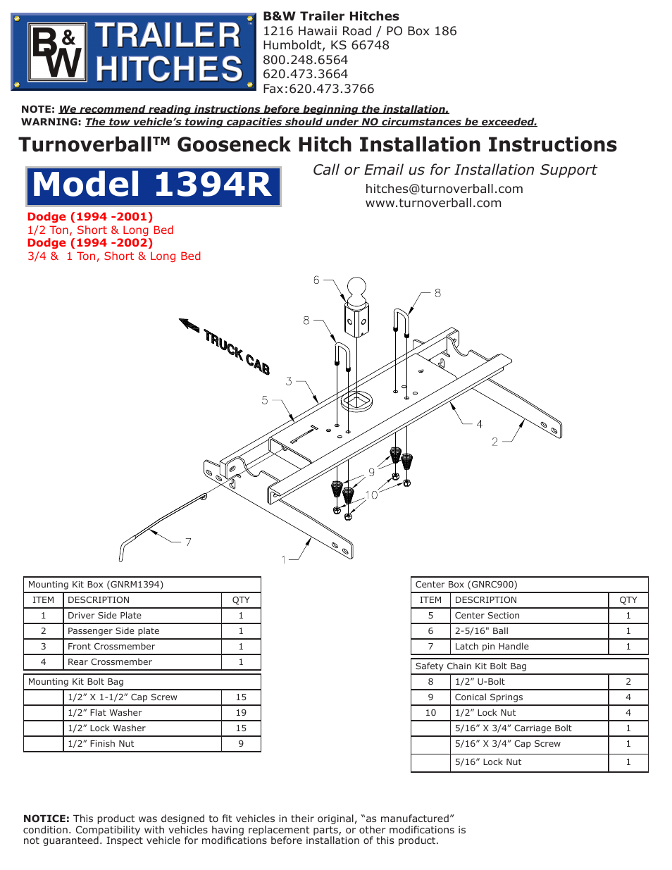 B&W Trailer Hitches 1394R User Manual | 4 pages