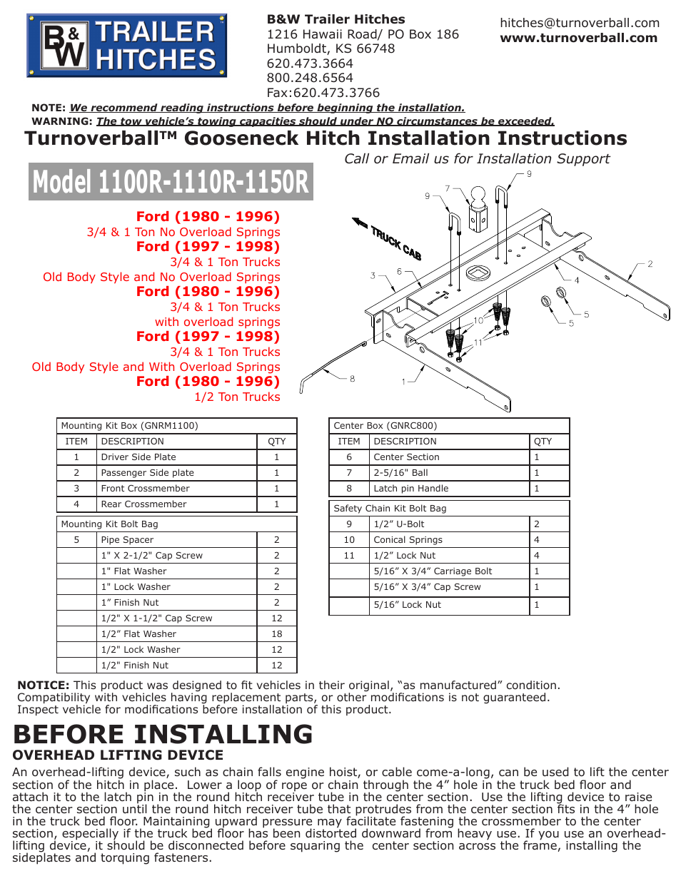 B&W Trailer Hitches 1100R User Manual | 4 pages