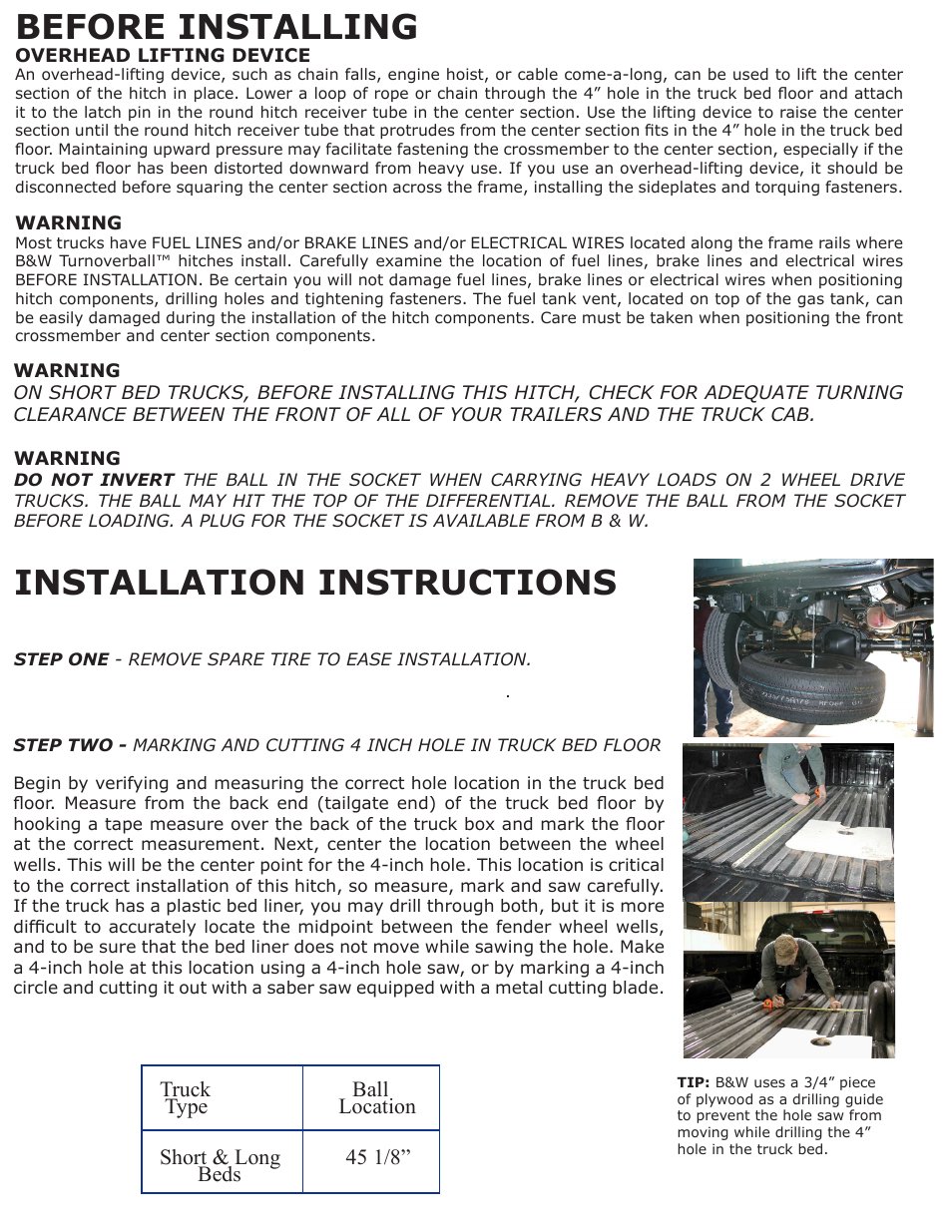 Before installing, Installation instructions, Truck ball type location short & long 45 1/8” beds | B&W Trailer Hitches 1104R User Manual | Page 2 / 4