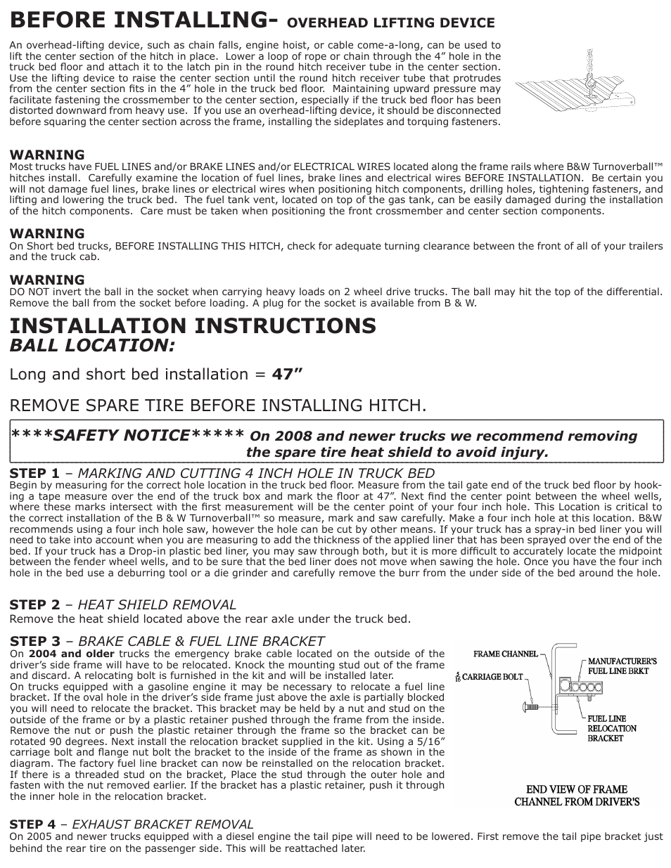 Before installing, Installation instructions, Ball location | Remove spare tire before installing hitch, Safety notice, Long and short bed installation = 47 | B&W Trailer Hitches 1108R User Manual | Page 2 / 4