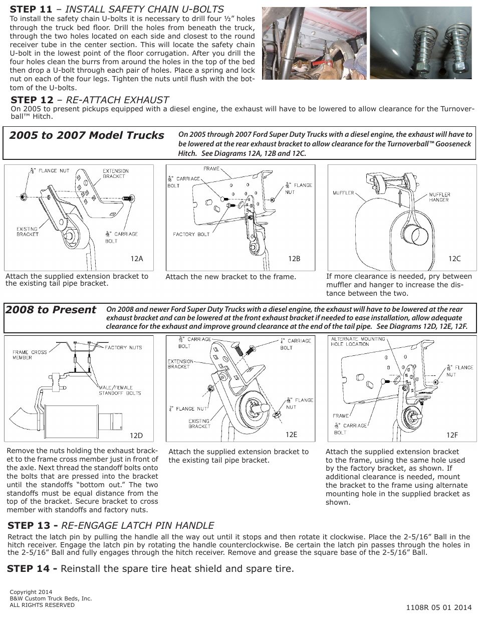 Step 13 - re-engage latch pin handle, Step 11 – install safety chain u-bolts, Step 12 – re-attach exhaust | B&W Trailer Hitches 1108R User Manual | Page 4 / 4