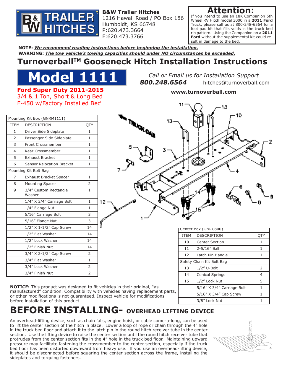 B&W Trailer Hitches 1111 User Manual | 4 pages