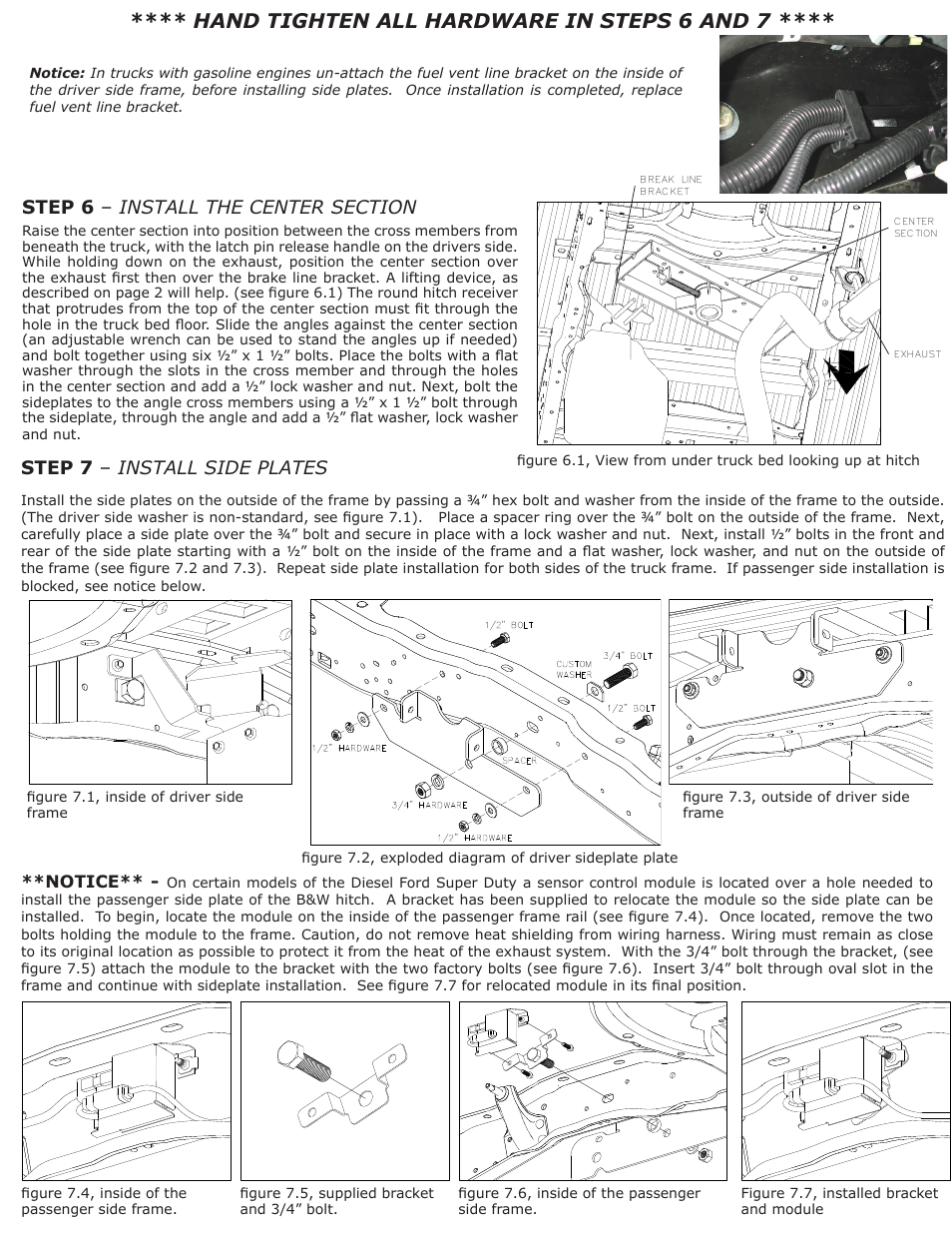 Hand tighten all hardware in steps 6 and 7, Step 7 – install side plates | B&W Trailer Hitches 1111 User Manual | Page 3 / 4