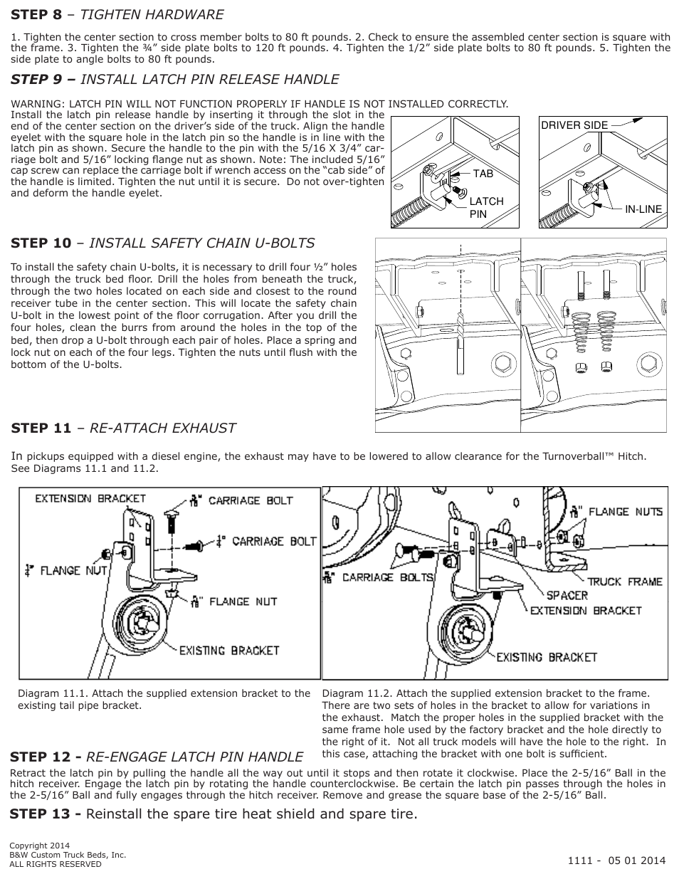 Step 12 - re-engage latch pin handle, Step 10 – install safety chain u-bolts, Step 11 – re-attach exhaust | Step 9 – install latch pin release handle, Step 8 – tighten hardware | B&W Trailer Hitches 1111 User Manual | Page 4 / 4