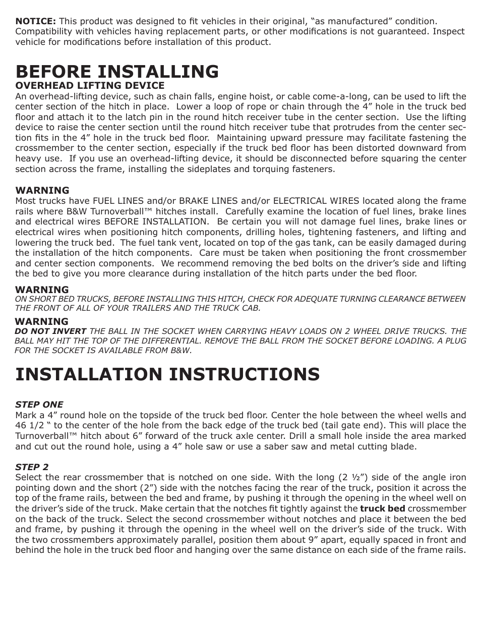 Before installing, Installation instructions | B&W Trailer Hitches 1197R User Manual | Page 2 / 3