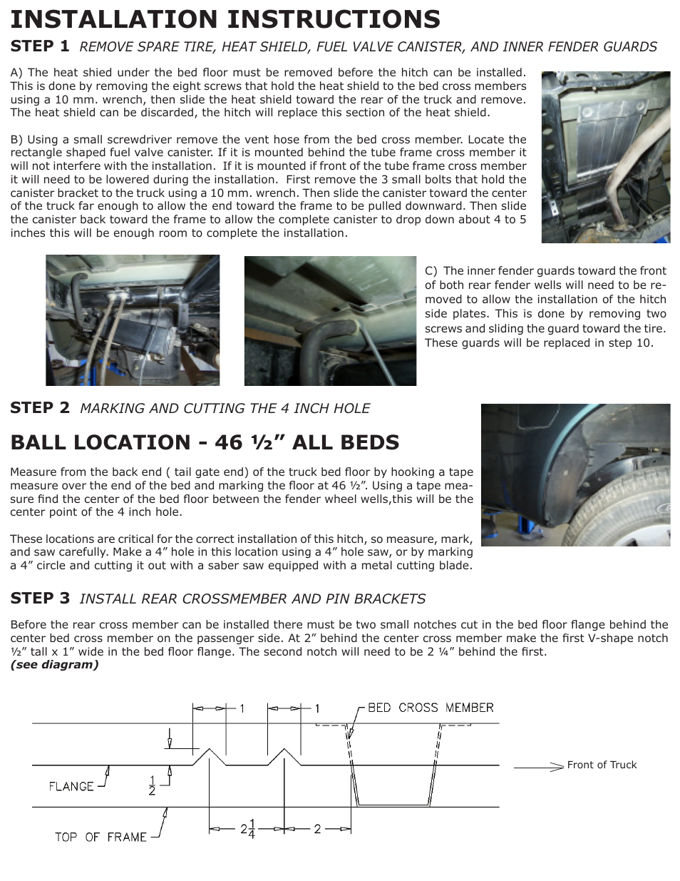 Installation instructions, Ball location - 46 ½” all beds, Step 1 | Step 2, Step 3 | B&W Trailer Hitches 1208R User Manual | Page 2 / 4