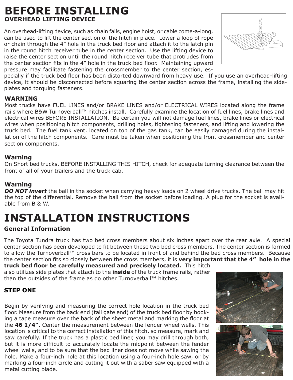 Before installing, Installation instructions | B&W Trailer Hitches 1251R User Manual | Page 2 / 4