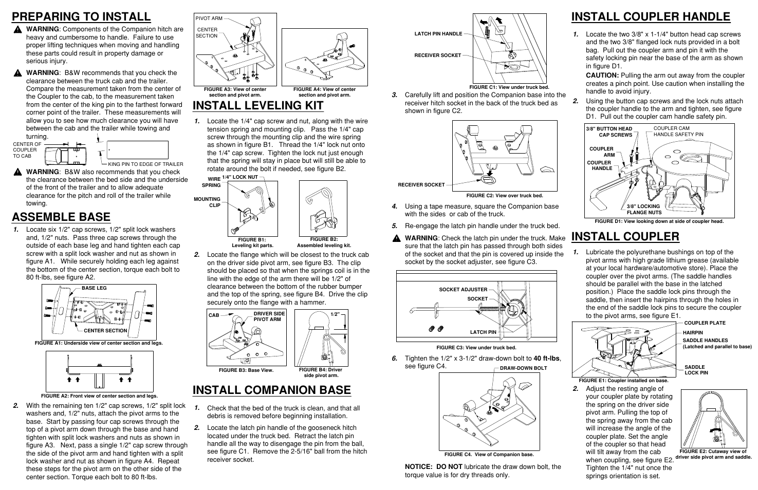 Preparing to install, Assemble base, Install coupler handle | Install coupler, Install companion base install leveling kit | B&W Trailer Hitches RVK3050 User Manual | Page 2 / 4