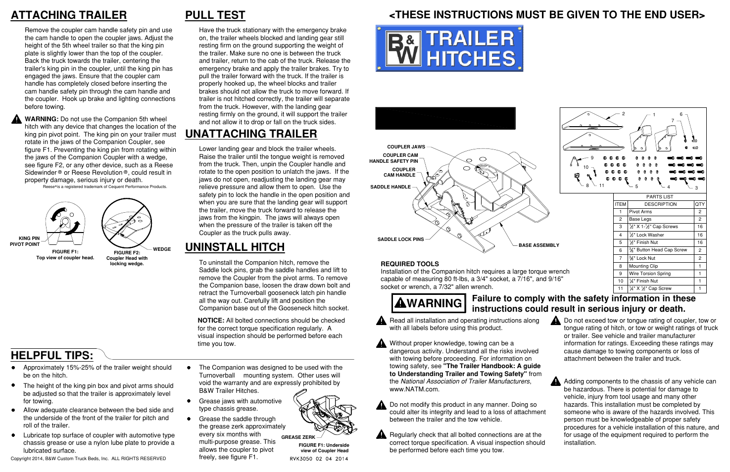 Model 3050, Warning, Attaching trailer | Pull test, Unattaching trailer, Uninstall hitch, Helpful tips, Companion™ hitch installation instructions, These instructions must be given to the end user, Call or email us for installation support | B&W Trailer Hitches RVK3050 User Manual | Page 4 / 4