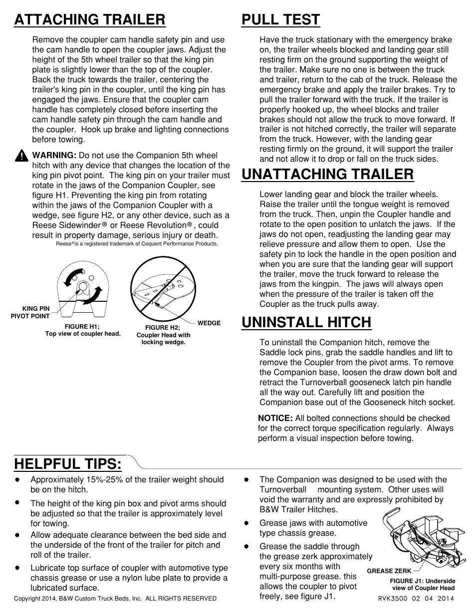 Attaching trailer, Pull test, Unattaching trailer | Uninstall hitch, Helpful tips | B&W Trailer Hitches RVK3500 User Manual | Page 5 / 5