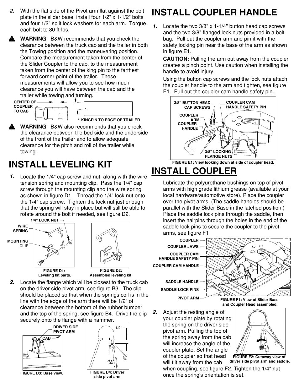 Install coupler, Install leveling kit, Install coupler handle | B&W Trailer Hitches RVK3400 User Manual | Page 3 / 5