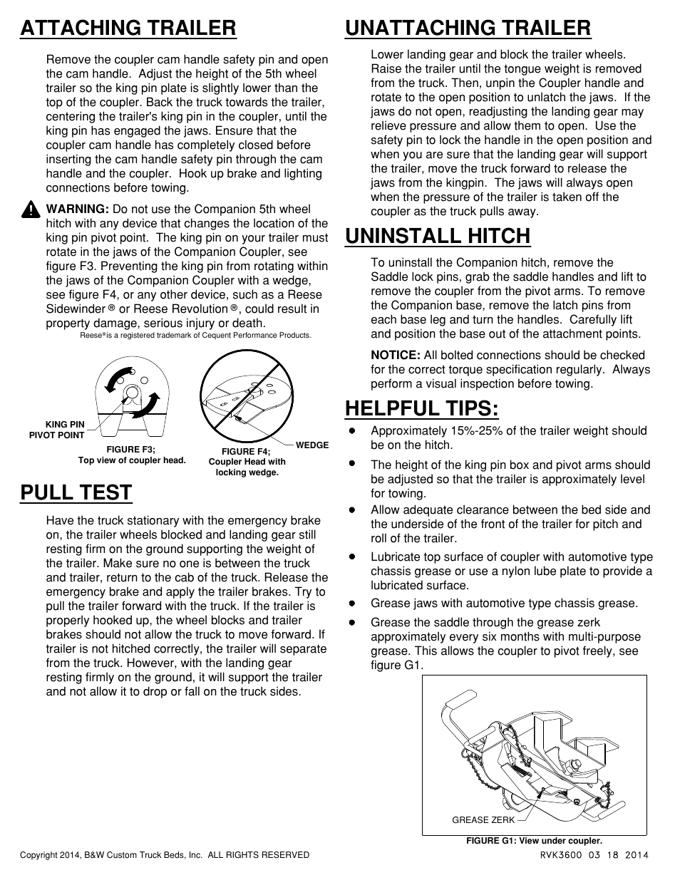 Helpful tips, Attaching trailer, Pull test | Unattaching trailer uninstall hitch | B&W Trailer Hitches RVK3600 User Manual | Page 5 / 5