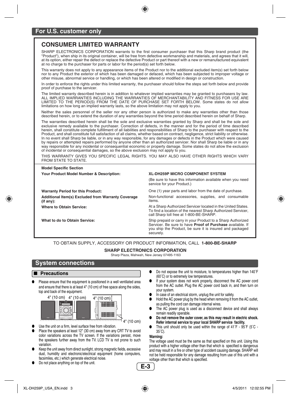 For u.s. customer only, System connections, Precautions | E-3 for u.s. customer only, Consumer limited warranty | Sharp XL-DH259P User Manual | Page 4 / 16