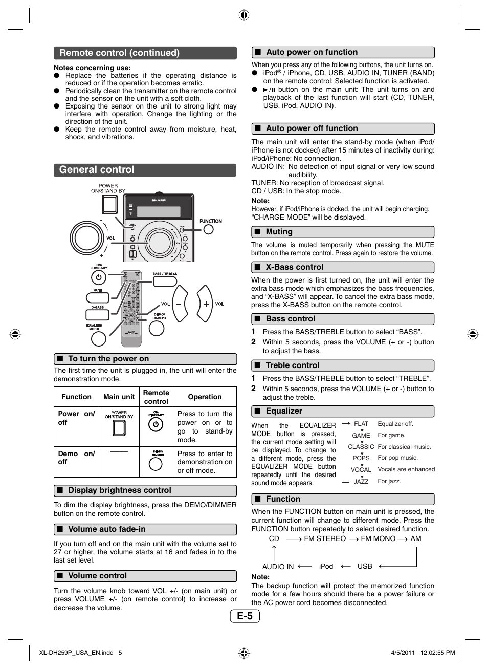 General control, To turn the power on, Display brightness control | Volume auto fade-in, Volume control, Auto power on function, Auto power off function, Muting, X-bass control, Bass control | Sharp XL-DH259P User Manual | Page 6 / 16